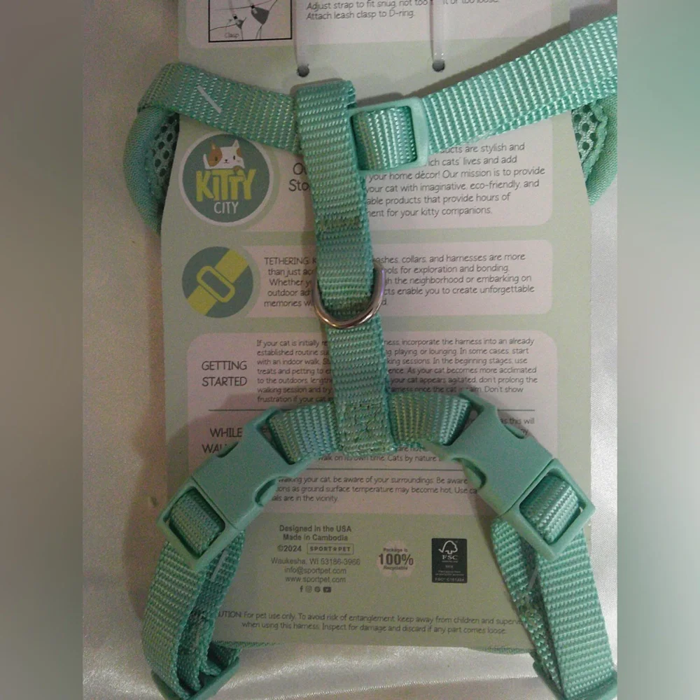 Kitty City Green Cat Face Print Harness/Leash Set, Collar, Bow Tie, Charm